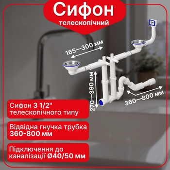 Сифон Kronoplast для двойной кухонной мойки 3 1/2″×40 прямоточный телескопический с двумя резьбовыми выпусками SS451T0343