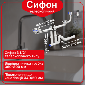 Сифон для двойной кухонной мойки 3 1/2″×40 с двумя полуавтоматическими выпусками, прямоугольным переливом, SS476T0343