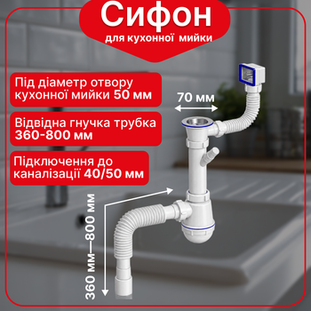Сифон Kronoplast для кухонной мойки 1 1/2″×40 с резьбовым выпуском и отводом для стиральной машины SM26020343