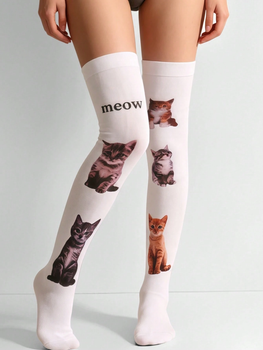 Довгі білі панчохи з котиками Meow y2k, жіночі гольфи 40 den вище коліна з принтом котиків