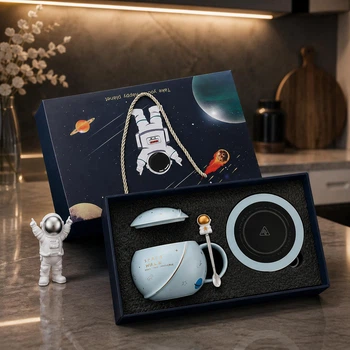 Подарочная керамическая чашка с крышкой ложкой и подставкой - подгревом Tomas SPACE ТМС-М620 blue