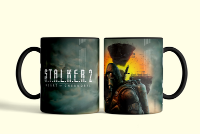 Чашка керамічна з принтом «Stalker 2" – подарунок для геймера | 330 мл біла (чорна всередині і ручка)