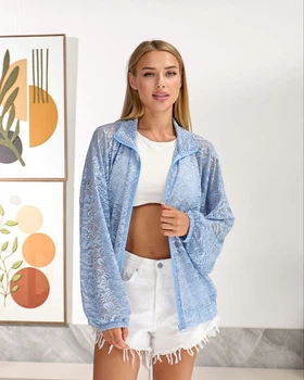 Бомбер женский кружевной оверсайз из итальянского кружева с длинными рукавами и застежкой на молнию G&M k-131874 42-48 Размер цвет голубой