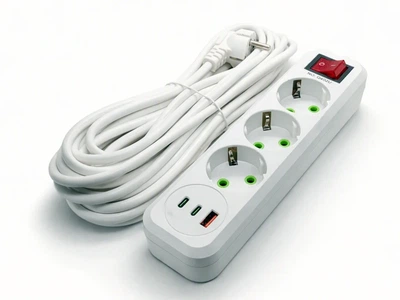Удлинитель 10 метров на 3 розетки с: заземление + выключатель + USB + Type-C х2