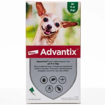 Адвантикс (Advantix) Elanco капли от блох, клещей и комаров для собак до 4 кг, 1 пипетка 0,4 мл