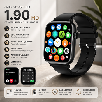 Смарт-часы 1.90 HD для Android iOS с Bluetooth-звонками, 28 спорт режимов, пульс, SpO2, давление, сон, шаги