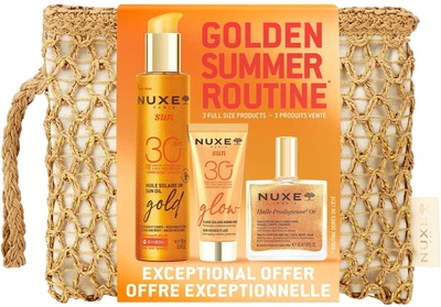 Zestaw Nuxe Golden Summer Routine Kosmetyczka + Płyn do opalania twarzy SPF30 40 ml + Olejek do opalania twarzy i ciała SPF30 150 ml + Olejek suchy 50 ml (3264680046773)
