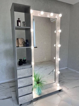 Профессиональное гримерное зеркало с LED подсветкой, полками, ящиками и подиумом на колесах, 180×110×35 см, цвет-бетон