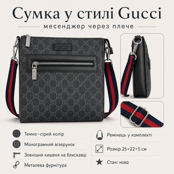 Сумка в стиле Gucci темно-серая 25×22×5 см - мессенджер через плечо с монограммным узором и ремешком в комплекте