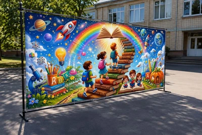 Баннер для фотозоны на 1 сентября PHOTODECOR «Ступени к знаниям» Радуга, космос и книги 1 кв.м