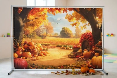 Банер осінній для фотозони PHOTODECOR «Осінній ярмарок біля лісу» Могутні дуби, яскраві гарбузи, золоте поле та затишна стежка 1 кв.м