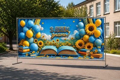 Баннер для фотозоны на 1 сентября PHOTODECOR «С Днем знаний!» Раскрытая книга, подсолнухи и желто-голубые шары 1 кв.м