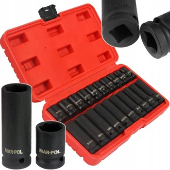 Набор ударных головок Mar-Pol M58259, 20 предметов, 1/2", 10–19 мм, короткие и длинные, для гайковерта, в металлическом кейсе