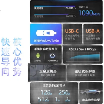 Твердотільний USB-флеш-накопичувач MOVE SPEED 1 ТБ, подвійний інтерфейс USB 3.2/Type-C, високої ємності для телефону та комп'ютера, для використання в автомобілі, швидкість читання/запису 1000 МБ/с, сумісний з Apple 15-17 Midnight NT10