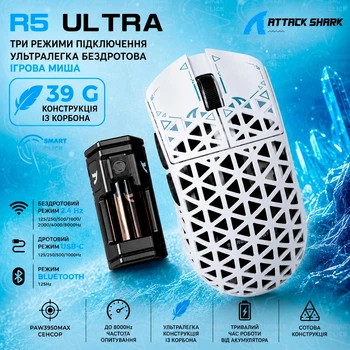 Ігрова миша ATTACK SHARK R5 ULTRA White Carbon Fiber бездротова трирежимна 2.4G/Bluetooth/USB-C, 8000Hz, PAW3950MAX, 42000 DPI, Nordic 52840, 39 г ультралегка, біла