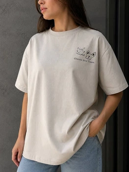 Футболка женская A-N 2358 рисунок на спине животные one size серая
