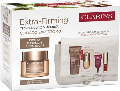 Набір для догляду за обличчям Clarins Extra-Firming Денний крем 50 мл + Нічний крем 15 мл + Крем для шкіри навколо очей 3 мл + Тональний крем для обличчя M1W 0.9 мл + Олія для губ 08 Pitaya 1.4 мл + Косметичка (3666057465901)