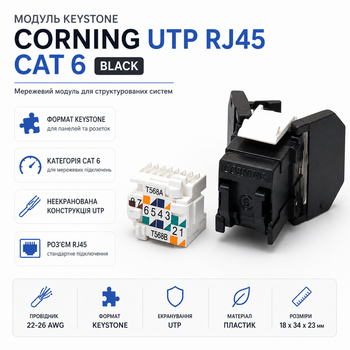 Модуль Corning Keystone RJ45 UTP Cat.6 22-26 AWG Черный