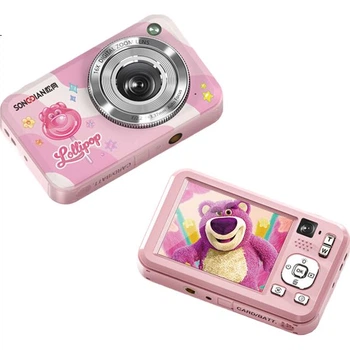 Цифровая фотокамера SONGDIAN Strawberry Bear Collaboration с двумя фронтальной и тыловой HD-камерами, для видеоблогов и селфи, портативная мини-камера с картой памяти 128 ГБ, розовая.