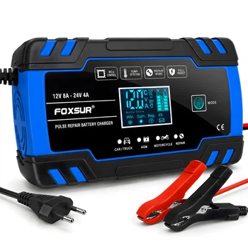 Автоматическое зарядное устройство для аккумулятора авто Foxsur 12V 8А, 24V 4А, с режимом восстановления, синий
