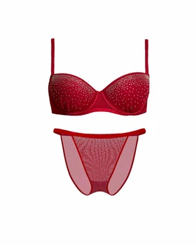 Комплект белья со стразами Victoria's Secret Pink бюстгальтер и трусики бикини 1161257611 (Красный 36A/M)