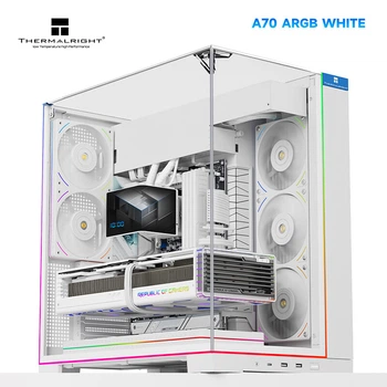 Корпус Thermalright A70 ARGB белого цвета с скрытой системой водяного охлаждения и трубками, панорамный дизайн с тремя окнами, ATX-версия, RGB-подсветка.