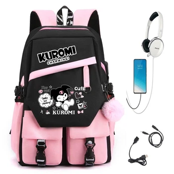 Шкільний підлітковий рюкзак з помпоном та USB кабелем KUROMI PINK для дівчинки в японському стилі