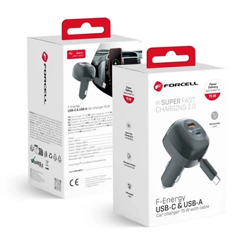 Автомобильное зарядное устройство Forcell F-Energy Alu USB C + USB A + выдвижной кабель USB C PD QC4.0 SFC2.0 3A 75W Black (5903396387470)