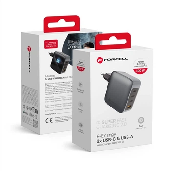 Сетевое зарядное устройство Forcell F-Energy GaN 3 x USB C + USB A QC4.0 PD 5A 100W Grey (5903396231421)