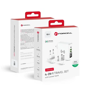Многофункциональное зарядное устройство Forcell F-Energy 4в1 2 x USB A + USB C 15W + Power Bank 8000mAh + беспроводная зарядка White (5903396072475)