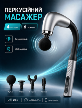 Ручной перкуссионный массажер для тела с аккумулятором и USB-зарядкой для глубокого массажа мышц 4 насадки 6 режимов 20 Вт для спины шеи ног