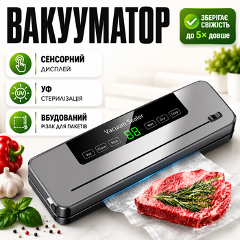 Вакууматор бытовой автоматический с дисплеем УФ стерилизацией резаком 120 Вт вакуумный упаковщик для хранения на зиму продуктов еды сухих и влажных мяса рыбы овощей для дома кухни заготовок морозилки зелени фруктов сыра