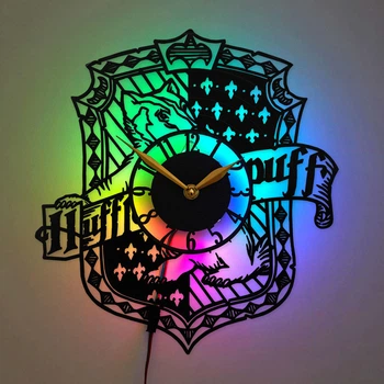 Настенные часы Hufflepuff с LED-подсветкой, часы Гарри Поттер, герб факультета Hufflepuff, декор комнаты Harry Potter, подарок поклоннику Хогвартса, настенные часы Hogwarts