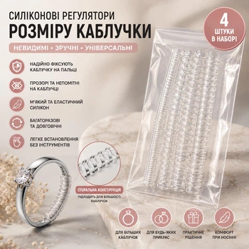 Набір силіконових регуляторів розміру каблучки 4 шт. – прозорі спіральні вставки для зменшення кільця, фіксатори розміру, універсальні, прозорий (144215227)