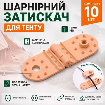 Зажимы клипса для тента и брезента, затеняющей сетки шарнирные с винтом M8 и люверсами, 10 шт. beige