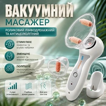 Ручной вакуумно-роликовый массажер для тела с эффектом лимфодренажа и антицеллюлитного ухода • Домашний электромассажер для массажа живота, бедер, ягодиц, ног, рук и спины для улучшения микроциркуляции и моделирования контуров тела