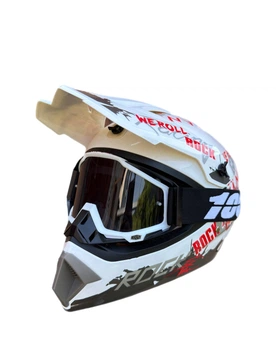 Эндуро кроссовый мотошлем Helmet Rock бело красный M + очки Profi 100% черно белые стекло черное