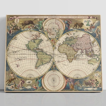 Интерьерная картина Древняя карта Земли 1658, Earth Ancient Map, интерьерный декор, 60×75 см (id3038)
