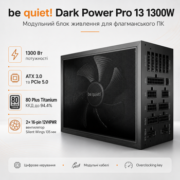 Блок живлення be quiet! Dark Power Pro 13 1300W ATX 3.0 вентилятор 135 мм Black (BN331)