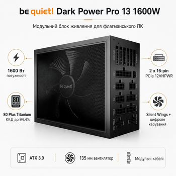 Блок живлення be quiet! Dark Power Pro 13 1600W ATX 3.0 вентилятор 135 мм Black (BN332)