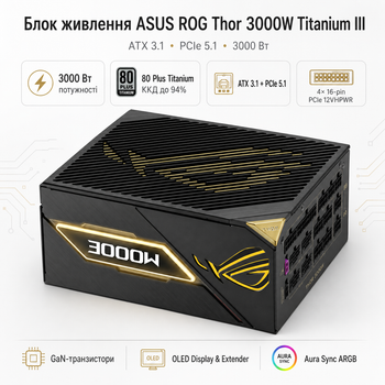 Блок питания ASUS ROG Thor 3000W Titanium III Edition 20 ROG Equalizer ATX 3.1 вентилятор 135 мм Black (90YE00VA-B0NA00)