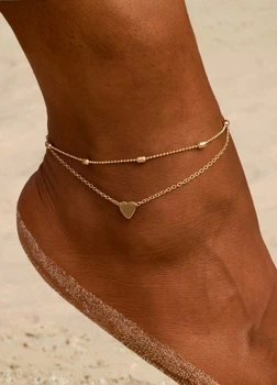 Браслет женский на ногу двойной с подвеской сердечко Fashion Jewelry Золотистый 22302