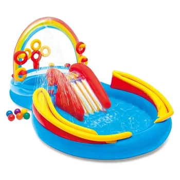Надувной игровой центр Intex с горкой и фонтаном для детей большой водный комплекс 297х193х135 см ПВХ для летних развлечений во дворе с мячиками и кольцами для активного отдыха малышей в жаркие дни на даче или собственном загородном участке
