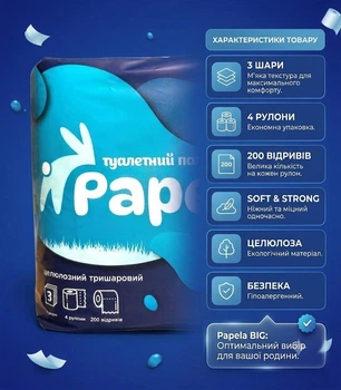 Туалетная бумага Papela Middle трехслойная 4 рулона по 150 отрывов (4820270940037)