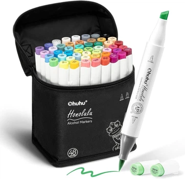 Спиртовые маркеры для скетчинга кисть долото и малювання Ohuhu 48 Honolulu Colors Dual Tips Alcohol Art Markers Brush & Chisel