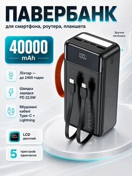 Повербанк 40000 mah 22.5W Qinetiq Phoenix RQ-40 с LED дисплеем и быстрой зарядкой PD/QC 3 порта кабель Type-C в комплекте powerbank павербанк для телефона apple айфона iphone самсунг samsung роутера универсальный павер банк с фонариком + кабель gray