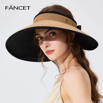 Женская соломенная шляпа-козырек FANCET в японском стиле, весна-лето, с цветовыми блоками, широкие поля, черная, дышащая, для путешествий
