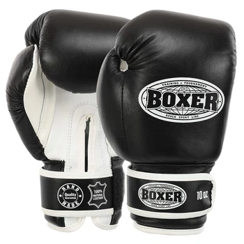 Рукавички боксерські на липучці шкіряні BOXER 2023 Чорно-білий 12 унцій