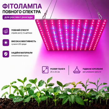 Фитолампа полного спектра 169 LED 25×25 см, для комнатных растений, или теплиц