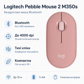 Миша бездротова Logitech Pebble Mouse 2 M350s Bluetooth 4000 dpi Rose (910-007014)